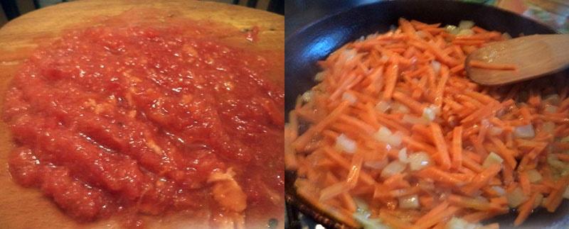 bereid de tomaten en bak de uien met wortelen
