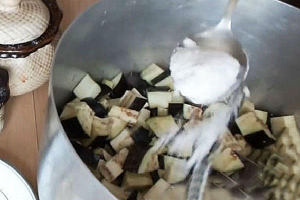 snijd de aubergines in blokjes en zout