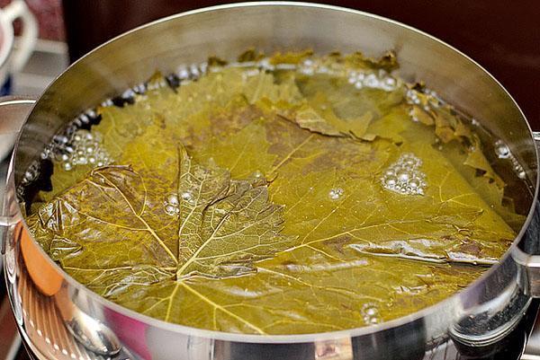 schone bladeren worden met kokend water gegoten