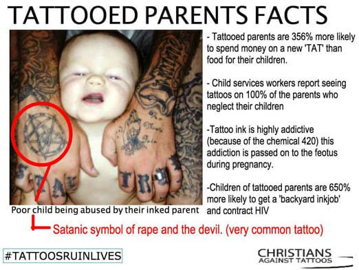 Det mest støtende du kan si til en tatovert person er at de er uegnet foreldre. Bare forslaget om dette vil få en tatoveret persons blod til å koke, og det er med rette. Det er en fryktelig uvitende ting å si. Så selv om resten av meme er satirisk, spiller det på en veldig ekte (og sårende) stereotype.