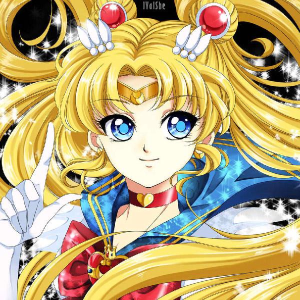Manga-ish ábrázolása Sailor Moon művész lValShe. Sailor Moon itt van Super Sailor Moon formájában, és magabiztosan pózol, mielőtt csatába lép.