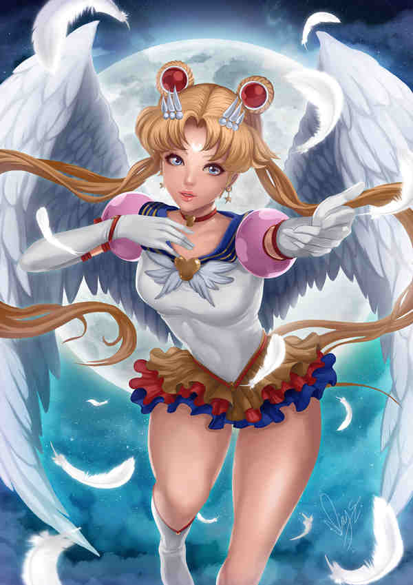 En fengslende Sailor Moon -kunst av magion02. Sailor Moon spredte vingene og inviterte deg til å bli med henne i hennes søken etter å redde solsystemet.