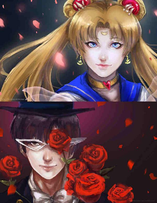 Ser ut som stjernekryssede elskere, kunstneren av darkshia gjorde en veldig god jobb med å koble rosenbladene fra Tuxedo Mask til Sailor Moon. På den andre representerer de forskjellige fargene på rosenbladene personligheten til hver enkelt.