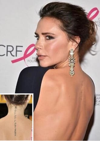 Før og etter skudd av Victoria Beckhams tatovering av ryggraden. Foto: Instagram.