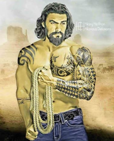 Szeretjük, hogy Heffron dolgozott Jason Momoa néhány tetoválásán ebben a Dothraki hadvezérről.